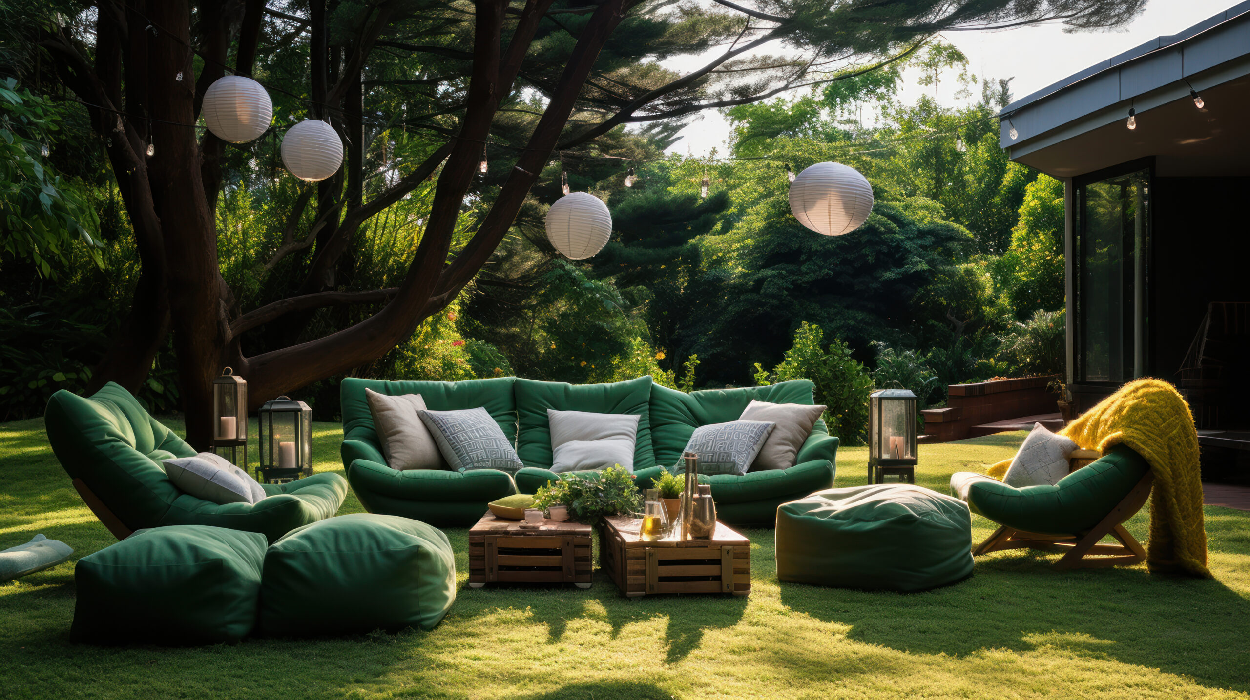 Grassy outdoor area featuring a movie screen and comfy bean bags Grassy outdoor area featuring a movie screen and comfy bean bags.